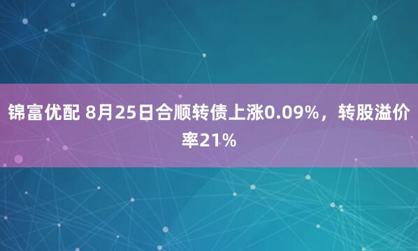 锦富优配 8月25日合顺转债上涨0.09%，转股溢价率21%